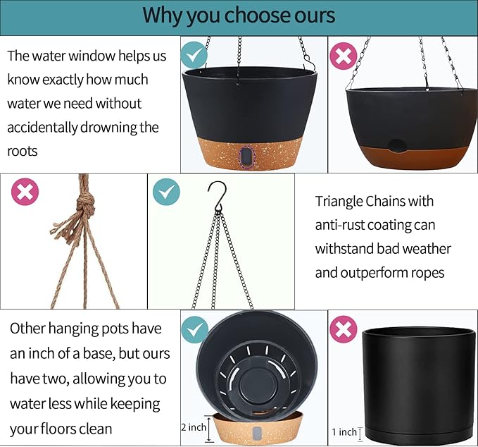 2 Pack Hanging Planters for Indoor Outdoor Plants, 10 Inch Hanging Flower Pot Basket with Drainage Hole with Removable Tray&Hooks Self Watering Plant Pot for Hanging Plants, Dark Grey-HomvellaHome