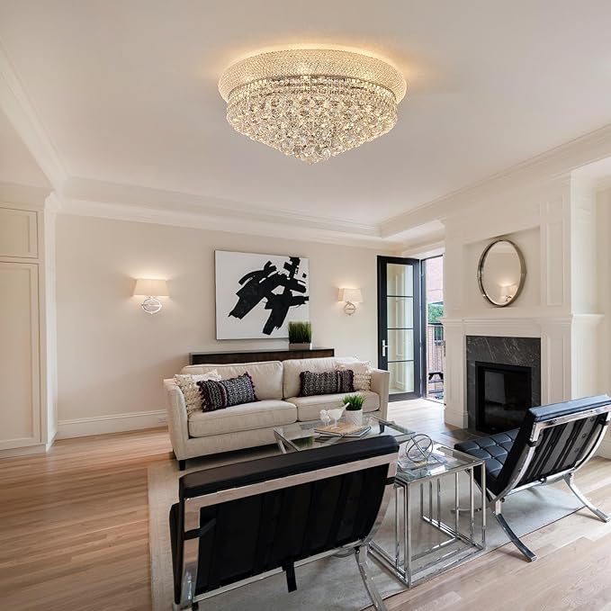 12-Light Crystal Flush Mount Chandelier Ceiling Light Fixture for Living Room Dining Room Bedroom Foyer Entryway Hallway Closet Bathroom (Chrome D24)-HomvellaHome