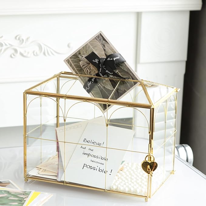 Glass Card Box with Slot, 10.2 inch Large Gold Clear Card Box for Wedding Receptions, Decorative Storage Box with Lock for Baby Shower, Birthday Party, Bridal Shower-HomvellaHome