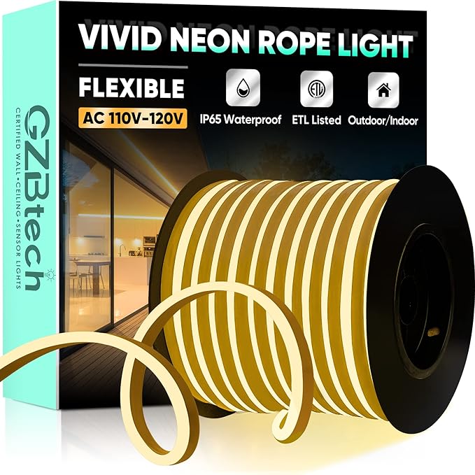 GZBtech Flexible LED Neon Rope Lights 132FT,AC 110-120V Waterproof Strip Light, 120 LEDs/M Cuttable Connectable Neon Lighting for Indoor Outdoor Home Decor/Commercial Building Use-Warm White 40M-HomvellaHome