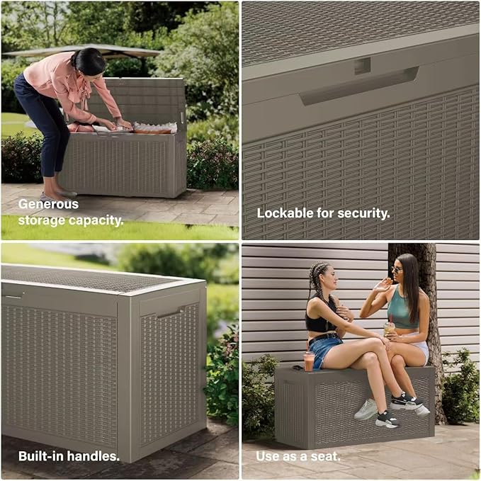 100 Gallon Double-Wall Resin Deck Box - Lockable Waterproof Outdoor Storage Box, 1000lbs Capacity & Doubles as Seating for Patio Furniture - Garden Tools, Pool Accessories (Brown)-HomvellaHome
