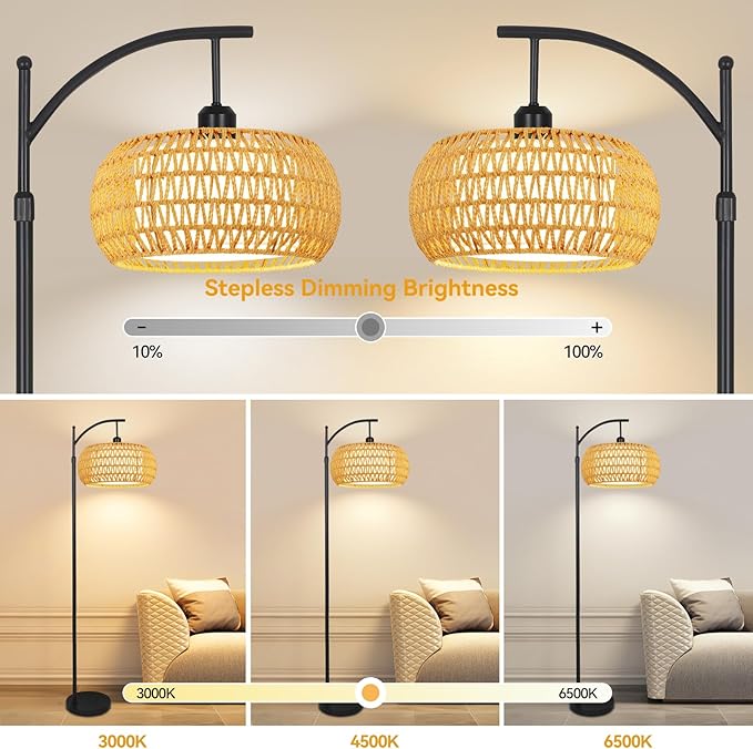 Arc Floor Lamps for Living Room Rattan Boho Floor Lamp with Remote Control,Dimmable LED Floor Lamp Wicker Lamp Shades Black Standing Lamp with 3 Color Temperature Tall Floor Lamps For Bedroom Corner-HomvellaHome