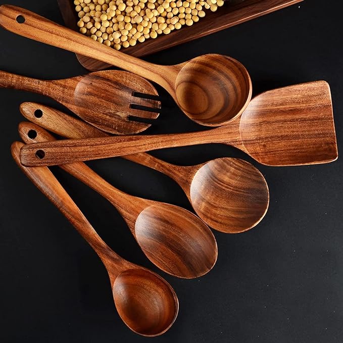 12 Pack Wooden Spoons for Cooking - Natural Teak Kitchen Utensils Set with Spatulas-HomvellaHome