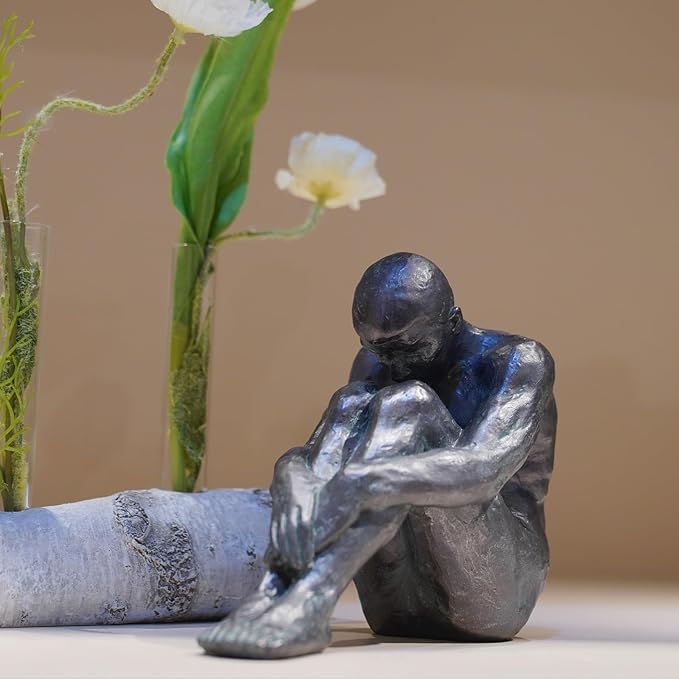 Guichifun Sitting Man Sculptures Home Decor - Resin Bronze Male Holding Arms Legs Lonely Statues Decorative Objects Outdoor Gift for Men 7.5 x 3.7 x 5.8 Inch-HomvellaHome