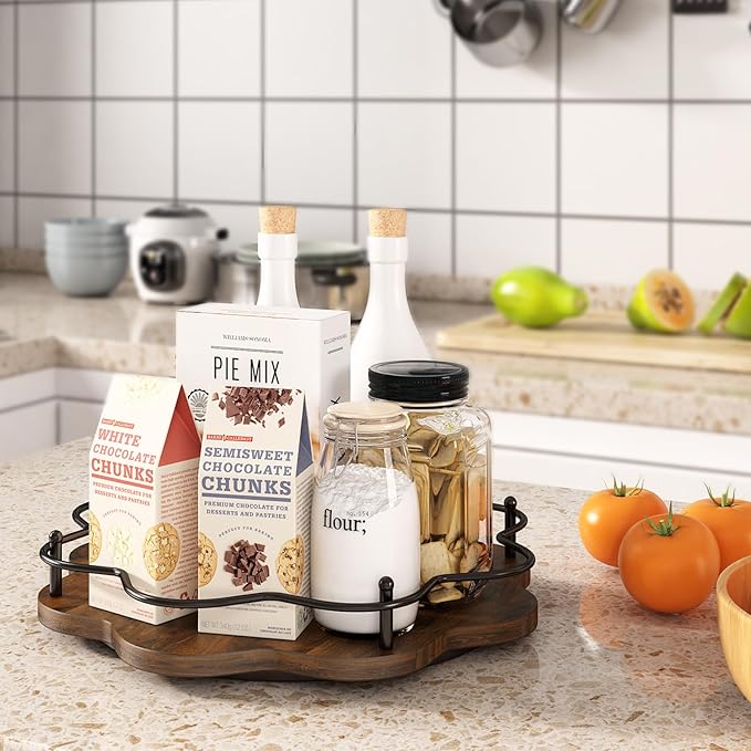 12" Lazy Susan Turntable Organizer,Round Wooden Lazy Susan Organization and Rotating Spice Rack for Dining Table,Pantry,Kitchen Countertop,Vanity,Cupboard and More.Vintage Wood(Petal Shape)-HomvellaHome