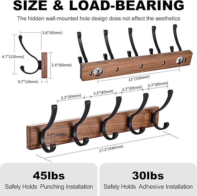 17.3" Small Wooden Coat Rack Wall Mount with 5 Hooks, Entryway Wall Hooks Coat Hanger for Hanging Towel Jacket Clothes Hat Backpack Shoe Purse Key Holder Multi Hook Rail by Black Walnut Wood-HomvellaHome