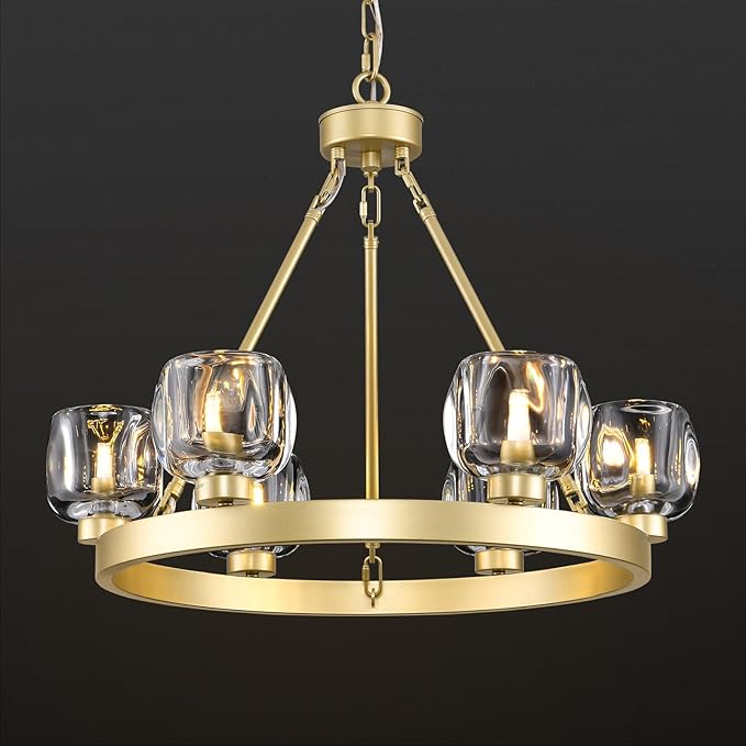 Gold Wagon Wheel Chandelier, 24 Inch Brass Chandeliers with Unique Glass Shade, 6-Light Crystal Farmhouse Wagon Wheel Chandeliers for Dining Room, Round Chandelier for Living Room, Foyer, Entryway-HomvellaHome
