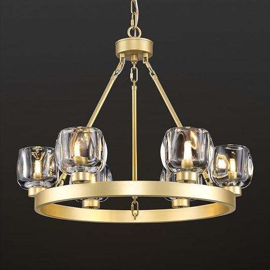 Gold Wagon Wheel Chandelier, 24 Inch Brass Chandeliers with Unique Glass Shade, 6-Light Crystal Farmhouse Wagon Wheel Chandeliers for Dining Room, Round Chandelier for Living Room, Foyer, Entryway-HomvellaHome