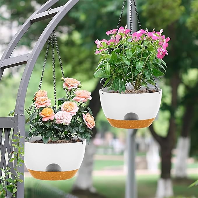 12 Inch Hanging Baskets 2 PC with Chains, Self-Watering Hanging Planters for Indoor Outdoor Plants, Plastic Hanging Flower Pots,White Brown-HomvellaHome