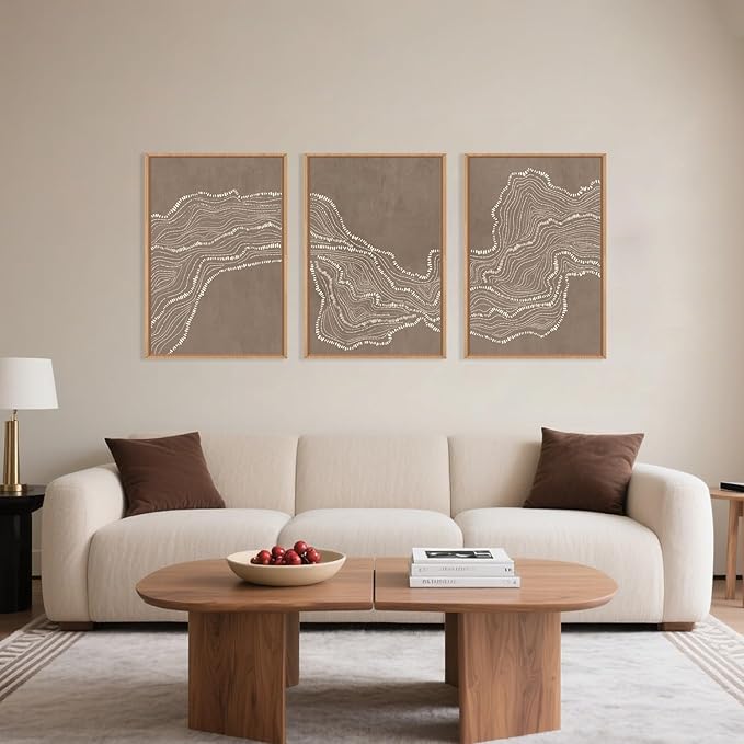 Geometric White Tan Wave Framed Canvas Wall Art Set, Abstract Line Art Painting, Modern Minimalism Wall Decor, Neutral Art Print for Living Room, Bedroom, Dining Room, Office - 16"x24"x3-HomvellaHome