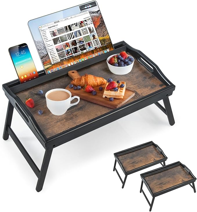 2 Pack Bed Tray Table Breakfast Trays Serving Tray Bamboo Bed Laptap Floding Legs with Handles and Phone Holders-HomvellaHome
