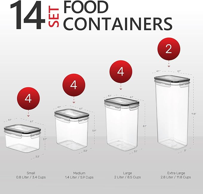 DWËLLZA KITCHEN Set of 14 Airtight Food Storage Containers for Pantry Organization and Storage - Sugar, Flour, Pasta, Spaghetti Plastic Air tight Kitchen Storage Containers With Lids, Labels & Marker-HomvellaHome