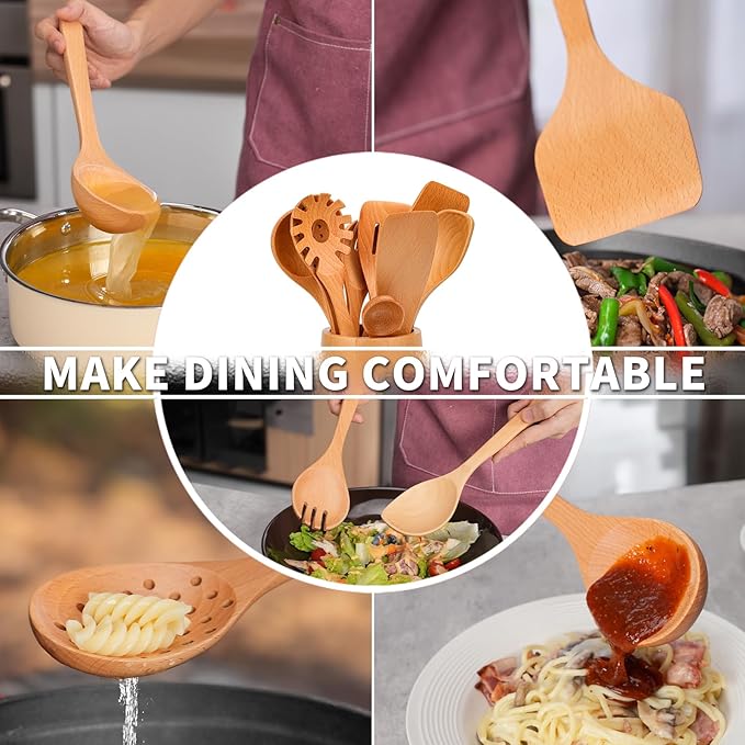 11 PCS WOSPONFAN Kitchen Utensils Set - Wooden Spoons for Cooking, Natural Beech Wood Wooden Utensils - Includes Wooden Spoons, Spatula Set, Slotted Spoon - Handmade Wooden Spoon Set-HomvellaHome