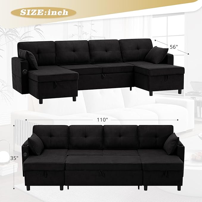 110 Inches Chenille Sectional Sofa w/Pull Out Sofa Bed & Adjustable Back, Tufted U Shaped Couch w/Two Storage Chaises, Sleeper Sectional Sofa w/USB Port & Cup Holders for Living Room, Black-HomvellaHome