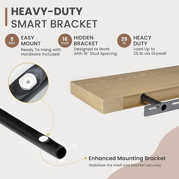 16 Inch Floating Shelves, 8 Inch Deep Floating Shelves for Wall, Hanging Shelf with Invisible Brackets, Deep Shelves for Bathroom, Bedroom, Living Room, Oak, Set of 2-HomvellaHome