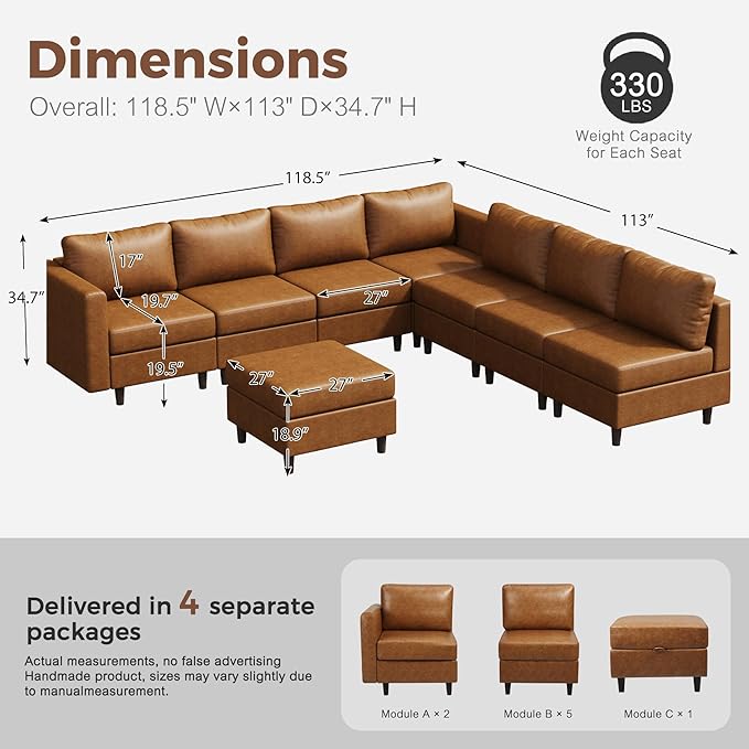 118.5" Faux Leather Modular Sectional Convertible Sofa, L Shaped Couch Set for Living Room, Large 8-Seater Comfy Cloud Couches with Movable Storage Ottoman DIY Combination - Brown-HomvellaHome