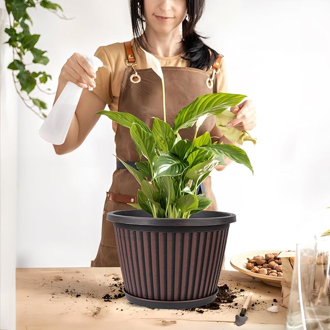 10 Inch Planter-Pots-for-Plants-Indoor-Outdoor, 4 Pack Plastic Flower Pots with Saucer & Drainage Holes, Modern Decorative Resin Garden Pots-HomvellaHome