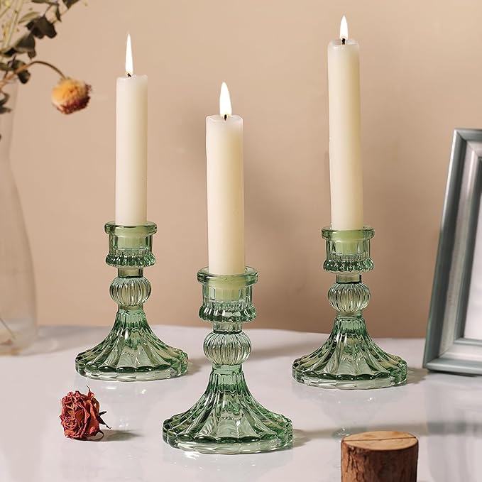 12PCS Green Candlestick Holders Set- 4" H Taper Candle Holders, Glass Candle Holders Bulk for Wedding, Party, Home Table Centerpieces, Festival Gifts & Windowsill Decor-HomvellaHome