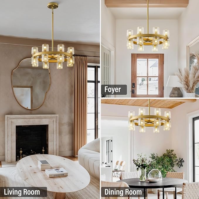 Gold Chandelier Light Fixture Kitchen and Dining, 16-Lights Modern Chandeliers for Dining Room, 18" Farmhouse Kitchen Pendant Lights Over Table, Crystal Wagon Wheel Chandelier(Bulbs Included)-HomvellaHome