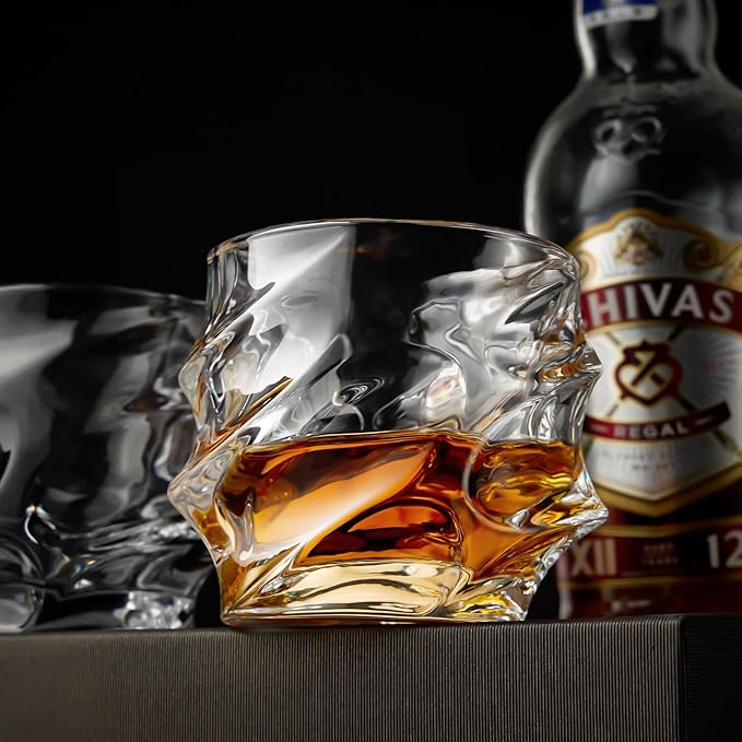 12 oz Hand Blown Crystal Whiskey Glasses Set of 4, Unique Cognac Glass, Heavy Thick Bottom Bar Glass for Scotch Bourbon Rum Gin Water Cocktail,Gifts Men Gifts Ideas-HomvellaHome