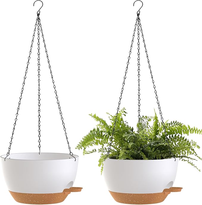 12 Inch Hanging Baskets 2 PC with Chains, Self-Watering Hanging Planters for Indoor Outdoor Plants, Plastic Hanging Flower Pots,White Brown-HomvellaHome