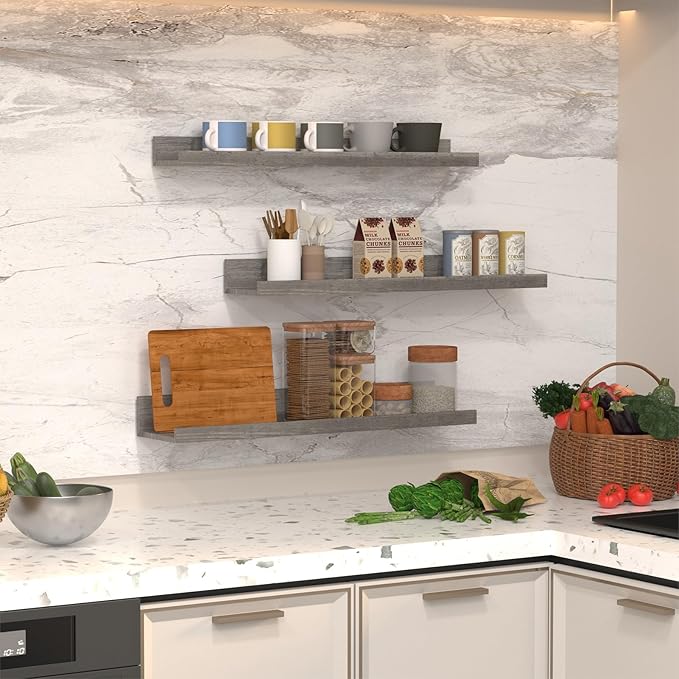 Giftgarden 24 Inch Grey Floating Shelves for Wall Mount, Gray Wood Wall Shelf Ledge for Bathroom Bedroom Living Room Kitchen Storage, Set of 3 Different Sizes-HomvellaHome