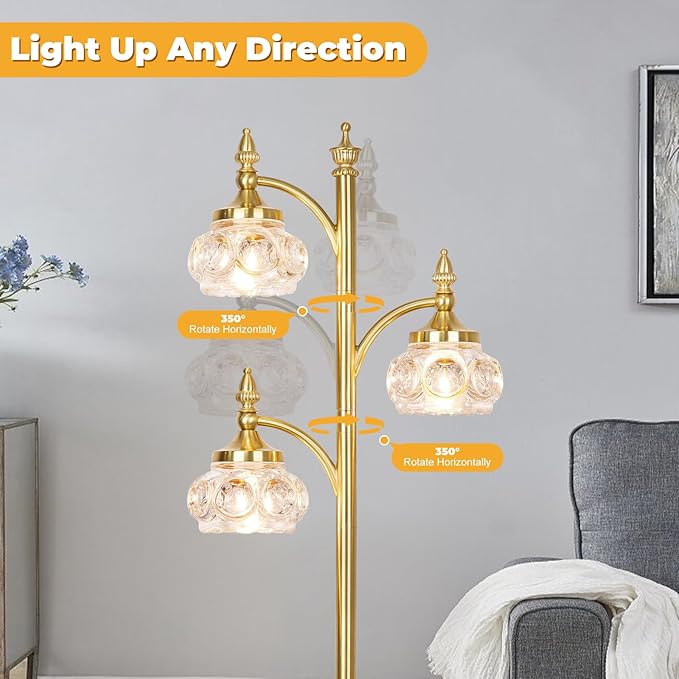 Gold Floor Lamp, Dimmable Tree Floor Lamps for Living Room Brass Tall Standing Lamp with 3 Rotatable Lights Glass Shade 66.5'' Modern Corner Lamp for Bedroom Office(3LED Bulbs Included)-HomvellaHome