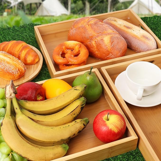 2 Pack Large Bamboo Serving Tray with Handles, 14 x 10 inch Wooden Dinner Tray, Home Kitchen Breakfast Trays for Living Room Bedroom Kitchen Dinner Table, Picnic-HomvellaHome