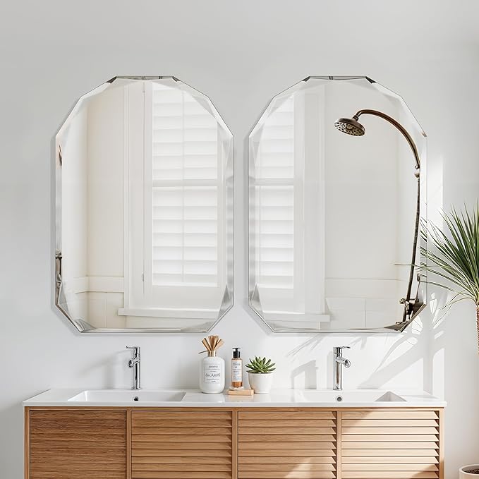 Bathroom Mirror for Wall, 26" x 38" Arched Mirror, Bathroom Vanity Mirror, Beveled Edge Frameless Wall Mount Vanity Mirrors, Wall Mirrors Decorative, Irregular Beveled Edge Mirror-HomvellaHome