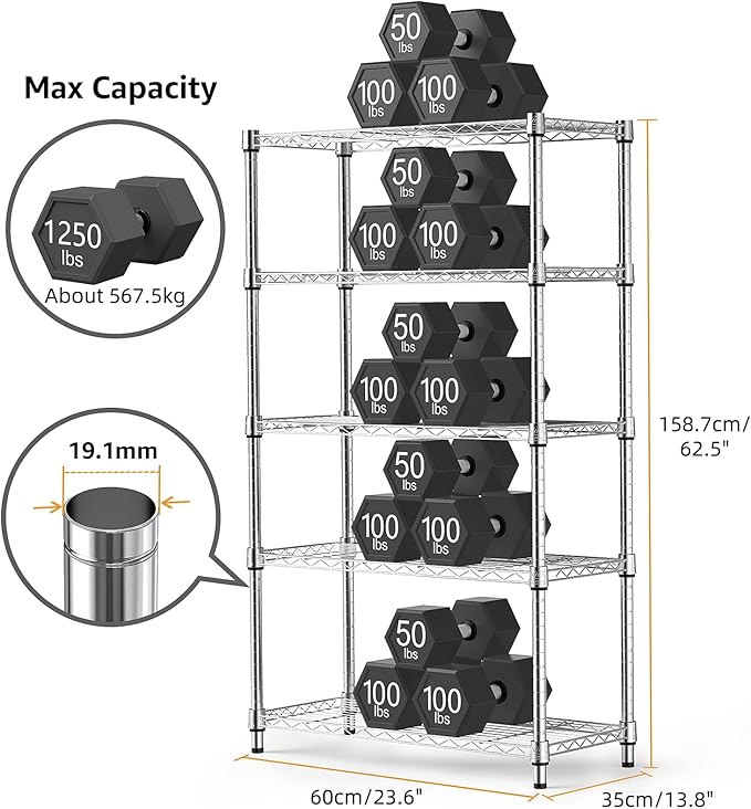 1250 lbs Steel Heavy Duty 5-Tier Utility Shelving Unit Steel Organizer Wire Rack for Home,Kitchen,Office,Chrome (13.7" D x 23.6" W x 62.4" H)-HomvellaHome
