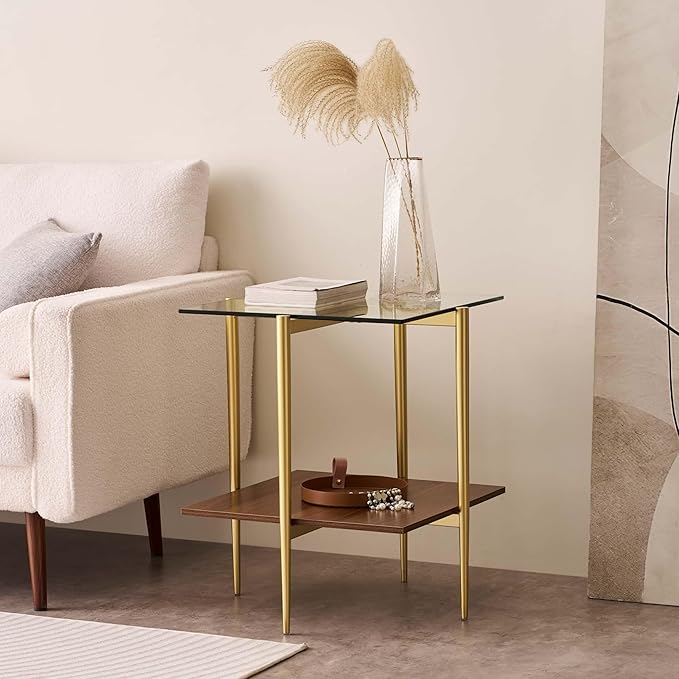 Glass End Table, Mid-Century Modern Design Sofa Table, for Living Room, 2-Tier Structure, Clear Glass Top and Walnut MDF Shelf, Sleek Conical Metal Legs with Gold Finish Frame-HomvellaHome