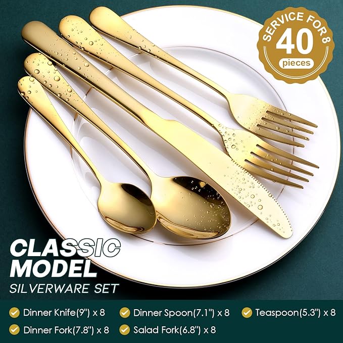 Gold Silverware Set, OGORI 40-Piece Food Grade Stainless Steel Gold Flatware Set, Kitchen Utensil Set Service for 8, Mirror Polished Tableware Cutlery Set for Home and Restaurant, Dishwasher Safe-HomvellaHome