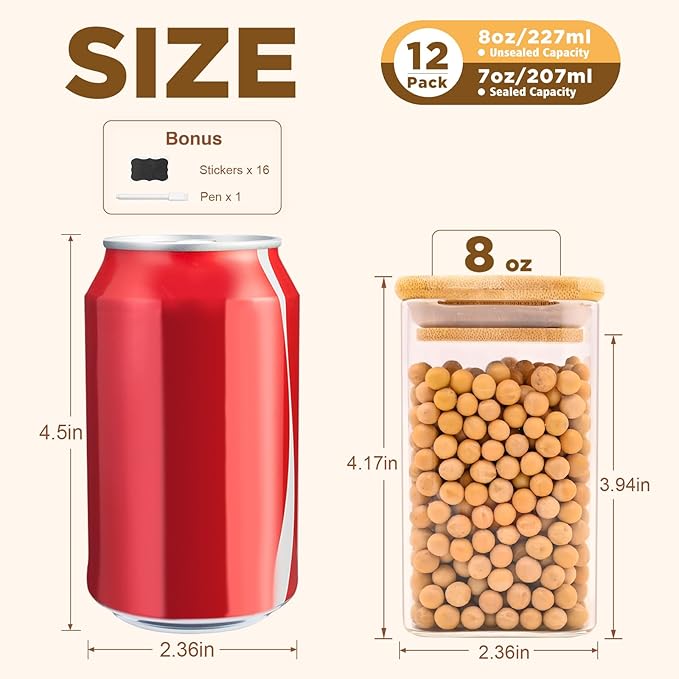 Glass Food Storage Jars Square 8oz, 12 Pack Glass Jars With Bamboo Lids, Kitchen Storage Containers For Spice, Candy, Cookie, Storage For Pantry Organizers-HomvellaHome