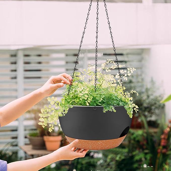 2 Pack Hanging Planters for Indoor Outdoor Plants, 12 Inch Self Watering Hanging Pot with Drainage Holes and Saucer, Plastic Plant Pots, Black Brown Flower Pots for Kitchen, Balcony, Garden-HomvellaHome