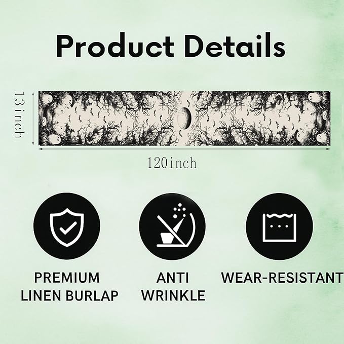 GPGHE Halloween Table Runner Black Ghost Holiday Burlap Table Decoration Indoor Outdoor Home Decor Party Supply 13 x 120 Inch-HomvellaHome