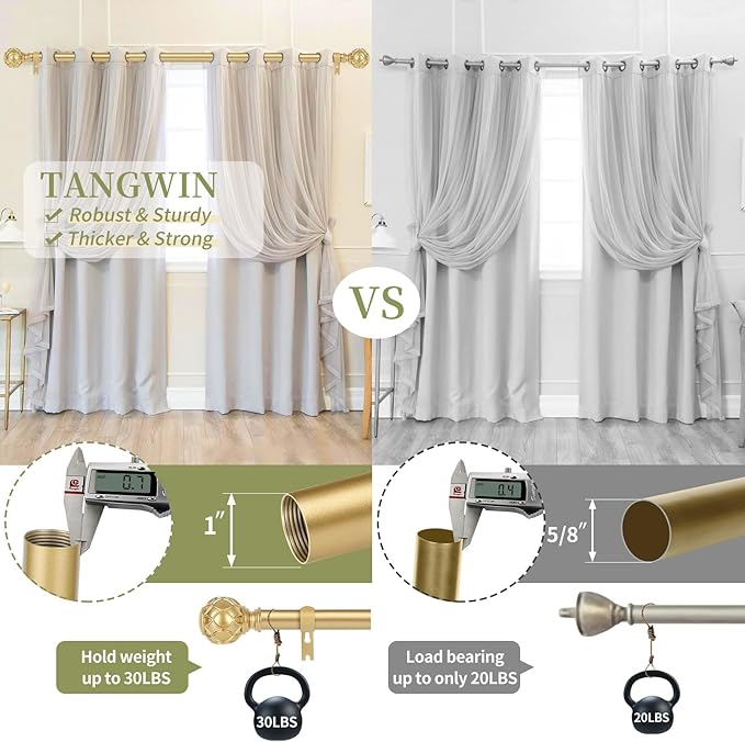 Gold Adjustable Curtain Rods for Windows:Farmhouse Heavy Duty Curtain Rod for Bedroom Living Room,Boho Decorative Rustic Drapery Rod with Vintage Coastal Texture Finial,Brass Gold 2Pack 36-88"-HomvellaHome