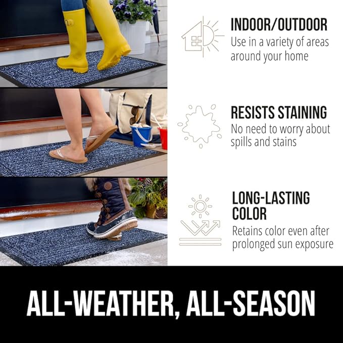 GORILLA GRIP 100% Waterproof All-Season WeatherMax Doormat 35x23, US Designed Natural Rubber, Stain and Fade Resistant, Low Profile Indoor Outdoor Door Mats, Easy Clean Patio Mat, Navy Greek Keys-HomvellaHome