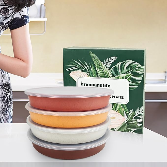 greenandlife 9 Inch 4PCS Portion Control Plates with Lids, Divided Plates for Kids Adults, Dishwasher Microwave Safe Compartment Plate Set, Unbreakable Lightweight Reusable Wheat Straw Plate, Sunset-HomvellaHome