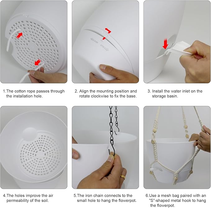 10 inch Self Watering Hanging Planters, 2 Pack Hanging Flower Pots for Indoor Outdoor Plants, Hanging Baskets with Drainage Holes & 2 Kinds of Plant Hangers for Garden Home Decor, White-HomvellaHome