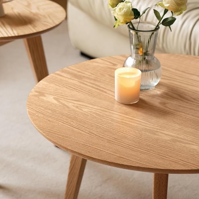 100% Solid Oak Wood Coffee Table Set, Round Coffee Table Combo Side Table w/Solid Wood Legs, Mid Century Table Sturdy Tables for Bedroom Balcony Living Room (Natural, 3 Pieces)-HomvellaHome