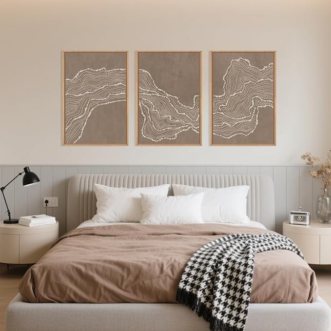 Geometric White Tan Wave Framed Canvas Wall Art Set, Abstract Line Art Painting, Modern Minimalism Wall Decor, Neutral Art Print for Living Room, Bedroom, Dining Room, Office - 16"x24"x3-HomvellaHome