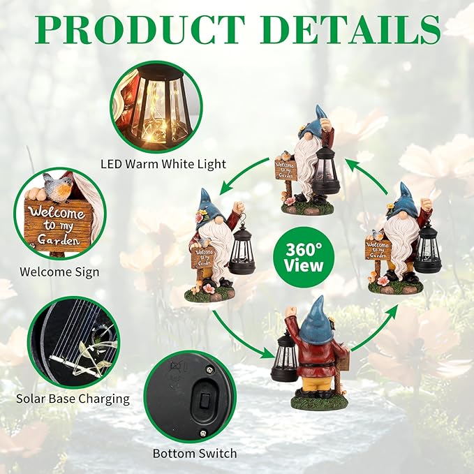 Garden Gnome Statues Figurine Lights - Solar Powered Lighting Outdoor Decorations with Lantern & Welcome Sign, Yard Art Lawn Ornaments for Porch Patio Balcony - Gnome Gifts for Women Mom-HomvellaHome