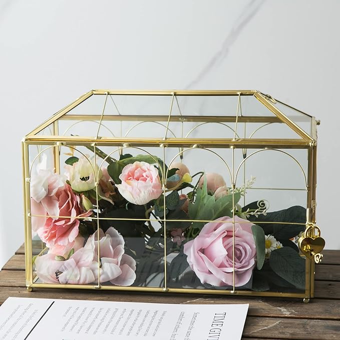 Glass Wedding Card Box with Slot, 12.6 inch Large Clear Card Box Gold Brass Gift Card Storage Box with Lock for Wedding Receptions, Baby Shower, Birthday Party, Bridal Shower-HomvellaHome