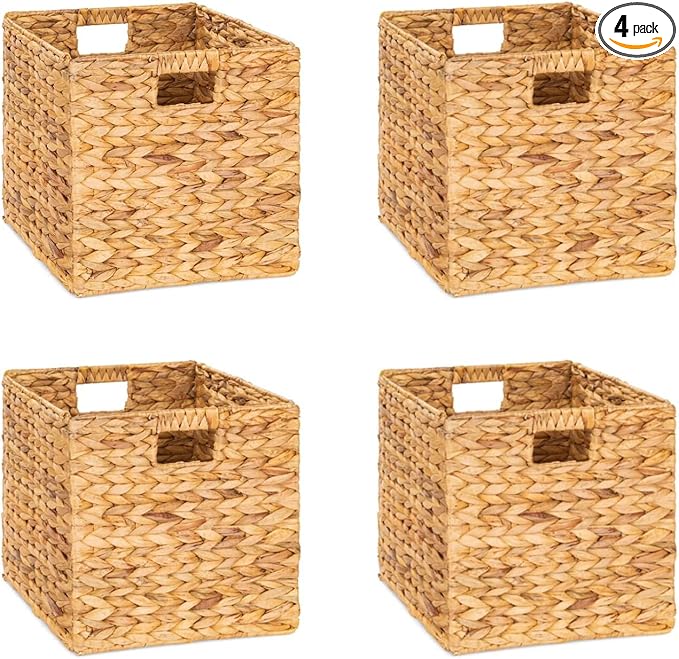 12x12x12 Storage Cube, Water Hyacinth Storage Baskets, Wicker Storage Baskets for Shelves, Woven Baskets for Storage, Square Wicker Storage Basket for Bedroom, Living Room (4 Packs 12x12in)-HomvellaHome