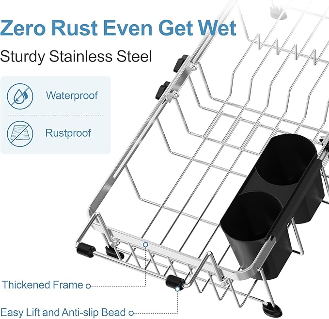 GSlife Expandable in Sink Small Dish Drying Rack - Stainless Steel Capacity Adjustable Over The Sink Dish Rack with Utensil Holder, 11.9“-16.7” L x 9" W x 5.7" H, Silver-HomvellaHome
