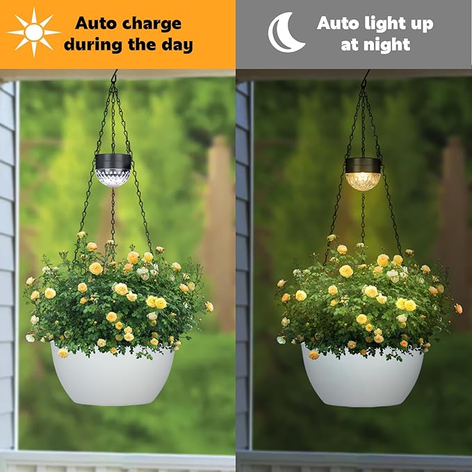 2 Packs Hanging Planters Basket for Outdoor Plants, Solar Powered Self Watering White Round Plastic Flower Pots with Drainer for Balcony Patio Garden Outdoor Decoration-HomvellaHome