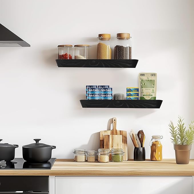 16"x6.8"x1.6" Slanted Floating Wall Shelves 2-Pack - Rustic Black Finish, Heavy-Duty Solid Wood Design with Hidden Brackets - Perfect for Living Room, Kitchen, Bathroom, or Office-HomvellaHome
