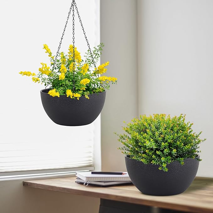 10 inch Hanging Planters for Indoor Outdoor Plants, 2 Pack Hanging Flower Pots with Drainage Holes and Chain for Garden Porch Plants, Round Plastic Hanging Baskets for House Plants, Black-HomvellaHome