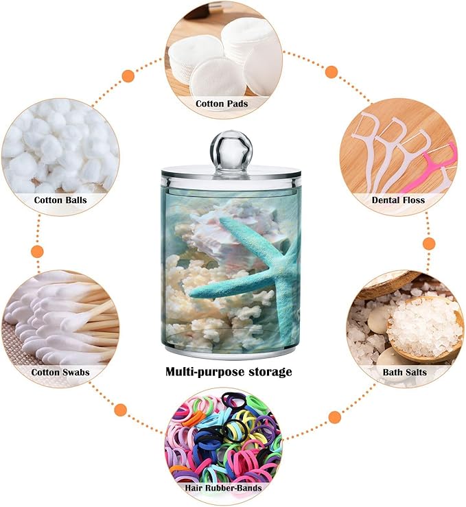 2 Pack Qtip Holder Organizer Dispenser Seashell Starfish Summer Beach Bathroom Storage Canister Cotton Ball Holder Container for Cotton Swabs/Pads/Floss-HomvellaHome