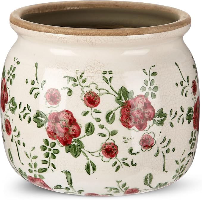 1 Pcs Vintage Planter Large Ceramic Plants Pot Red Plum Crack Cottage Scroll Vase Flower Vase Pot Indoor Plants Home Kitchen Decor Farmhouse Antique Decorative Gift-HomvellaHome